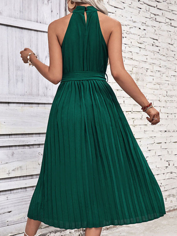 Halter Neck Midi Dress with Pleated Skirt and Tie Waist Maxi Dresses MyDresses 