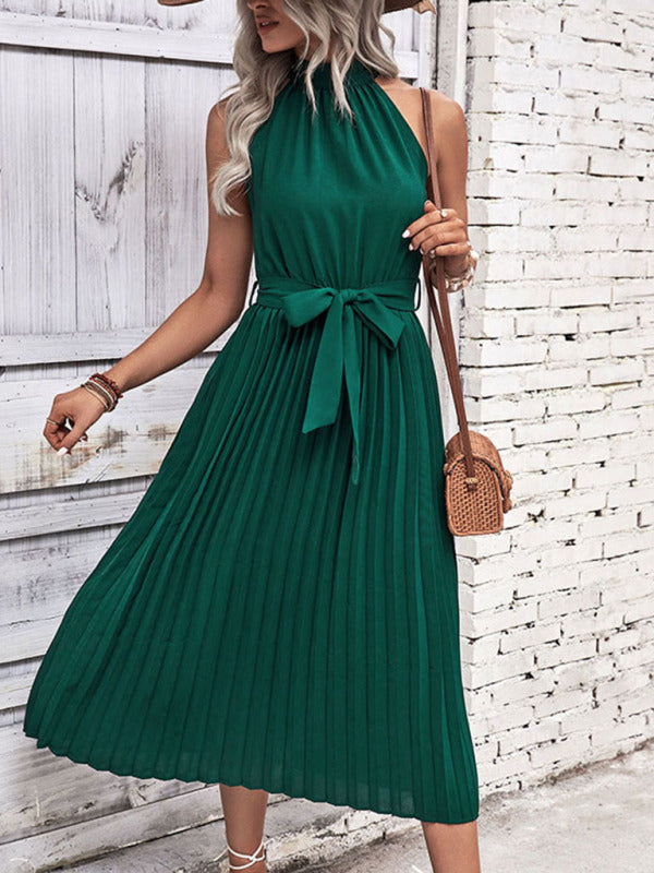 Halter Neck Midi Dress with Pleated Skirt and Tie Waist Maxi Dresses MyDresses 