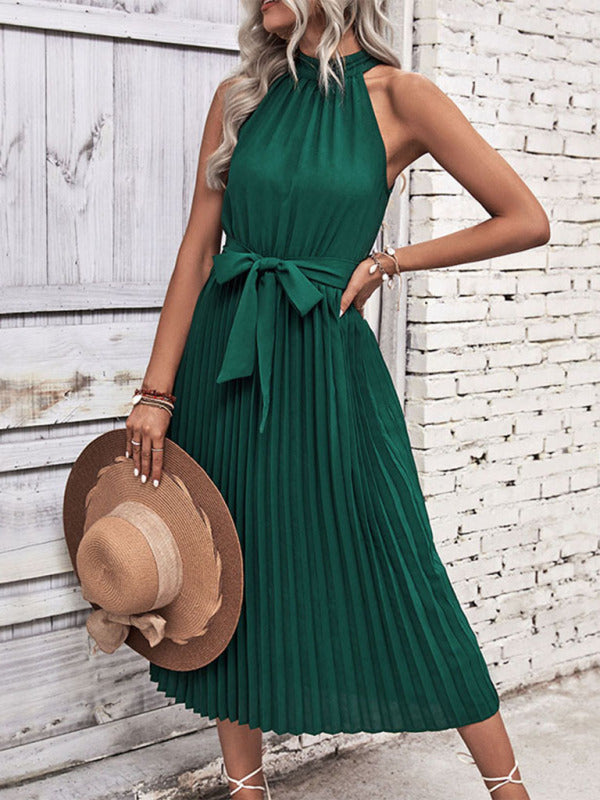 Halter Neck Midi Dress with Pleated Skirt and Tie Waist Maxi Dresses MyDresses Light Green 8 | S 