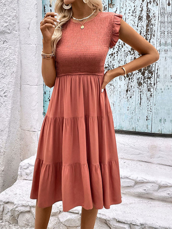 Smocked Bodice Dress with Ruffled Shoulders and Tiered Skirt Maxi Dresses MyDresses 