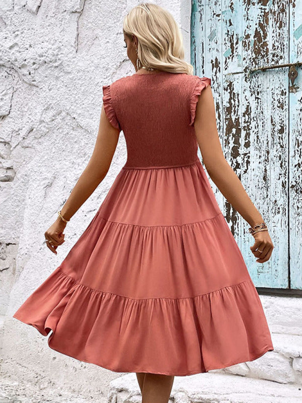 Smocked Bodice Dress with Ruffled Shoulders and Tiered Skirt Maxi Dresses MyDresses 