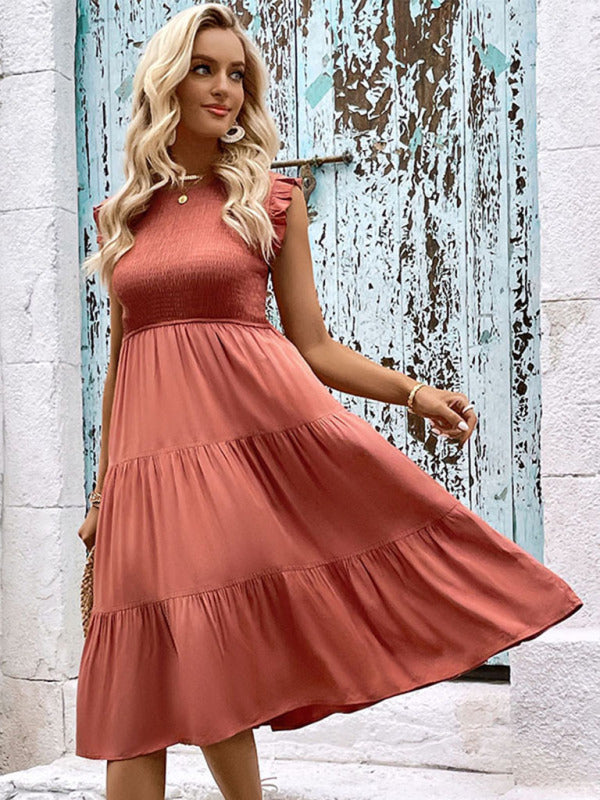 Smocked Bodice Dress with Ruffled Shoulders and Tiered Skirt Maxi Dresses MyDresses 