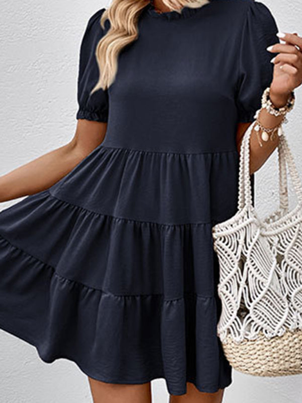 Puff Sleeve Mini Dress with Multilayer Pleats Mini Dresses MyDresses 