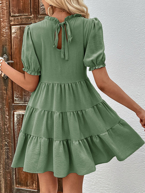 Puff Sleeve Mini Dress with Multilayer Pleats Mini Dresses MyDresses 