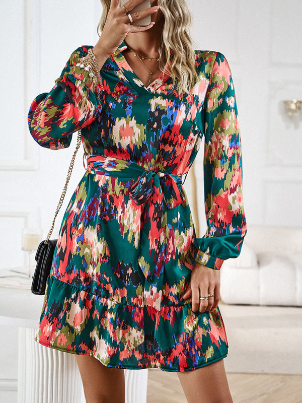 Abstract Print Mini Dress with V-Neck and Belted Waist Mini Dresses MyDresses 