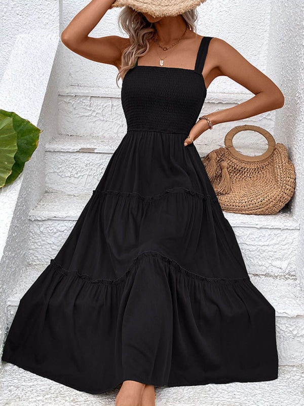 Smocked Bodice Midi Dress with Asymmetrical Strap and Tiered Skirt Midi Dresses MyDresses 