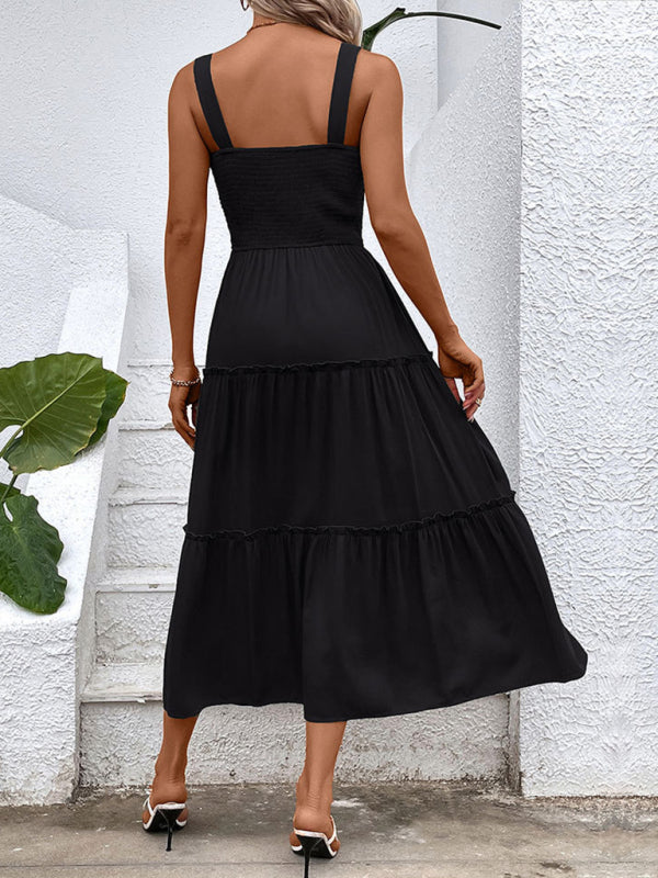 Smocked Bodice Midi Dress with Asymmetrical Strap and Tiered Skirt Midi Dresses MyDresses 