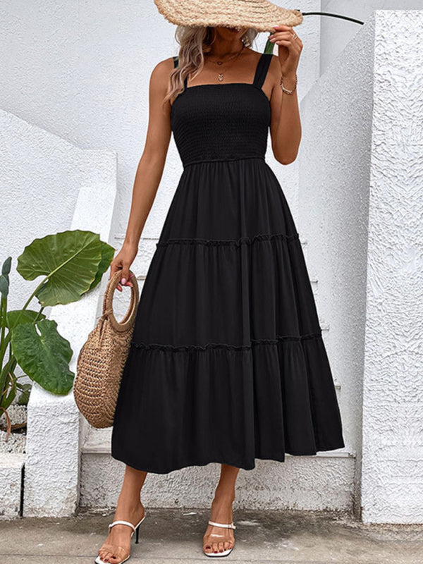 Smocked Bodice Midi Dress with Asymmetrical Strap and Tiered Skirt Midi Dresses MyDresses Black 8 | S 