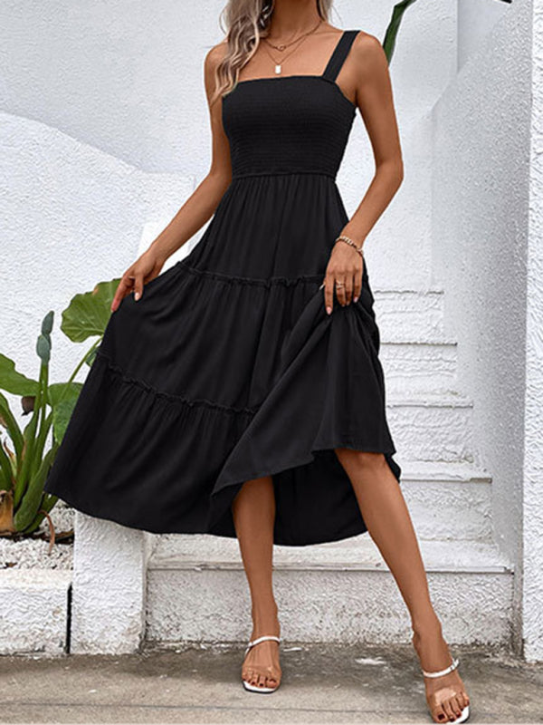 Smocked Bodice Midi Dress with Asymmetrical Strap and Tiered Skirt Midi Dresses MyDresses 