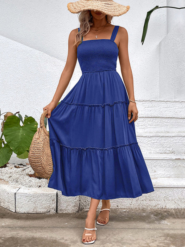 Smocked Bodice Midi Dress with Asymmetrical Strap and Tiered Skirt Midi Dresses MyDresses 