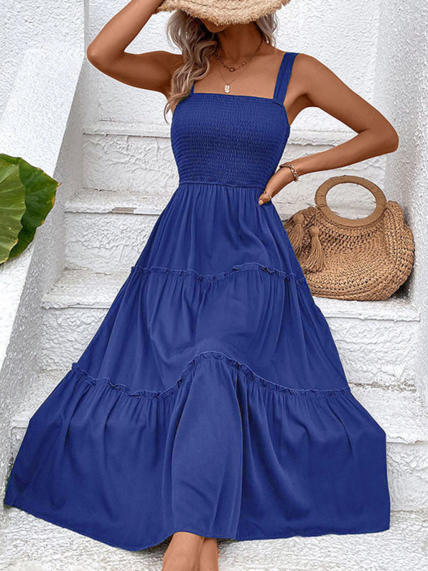 Smocked Bodice Midi Dress with Asymmetrical Strap and Tiered Skirt Midi Dresses MyDresses Blue 8 | S 