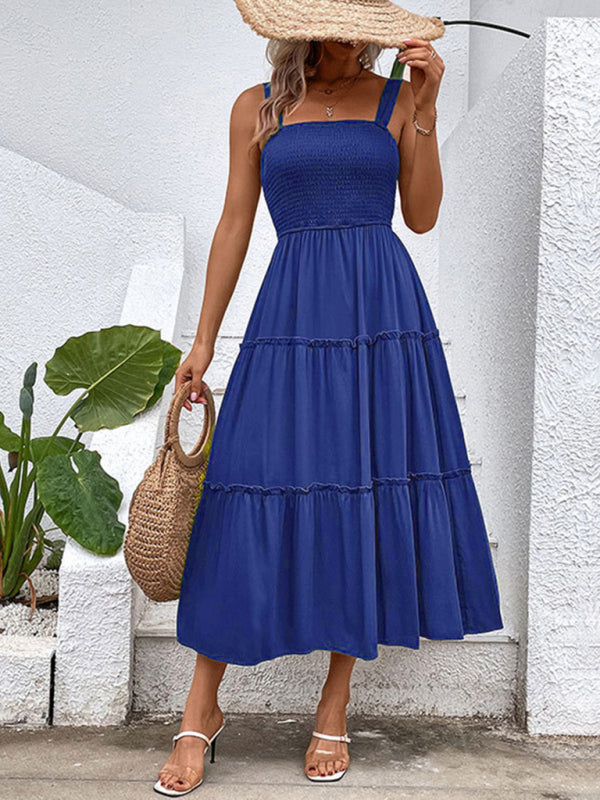Smocked Bodice Midi Dress with Asymmetrical Strap and Tiered Skirt Midi Dresses MyDresses 