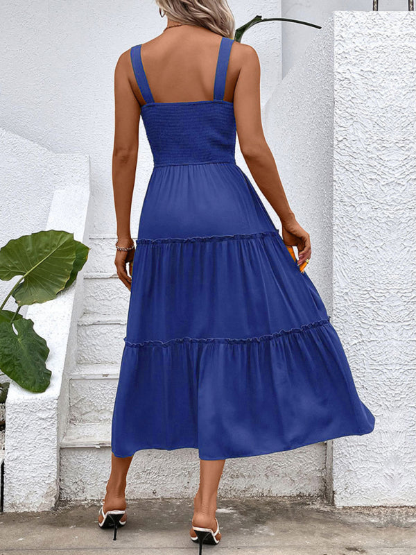 Smocked Bodice Midi Dress with Asymmetrical Strap and Tiered Skirt Midi Dresses MyDresses 