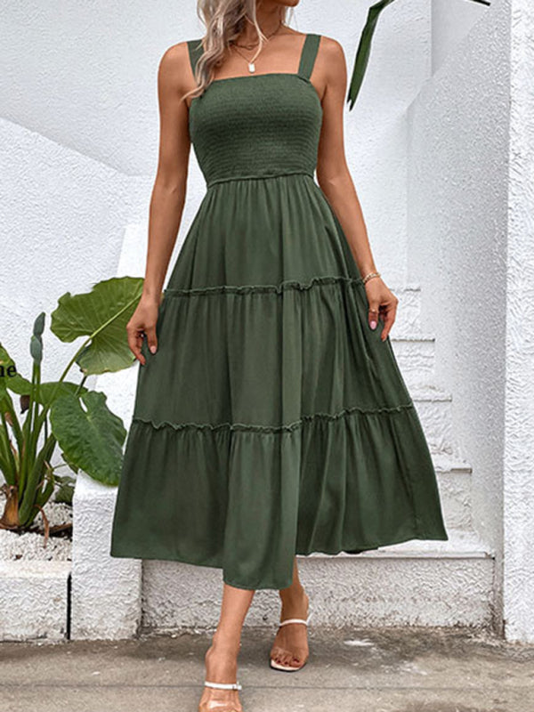Smocked Bodice Midi Dress with Asymmetrical Strap and Tiered Skirt Midi Dresses MyDresses 