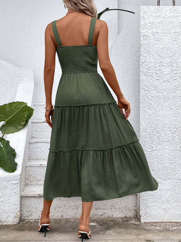 Smocked Bodice Midi Dress with Asymmetrical Strap and Tiered Skirt Midi Dresses MyDresses 