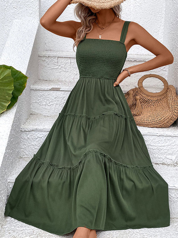 Smocked Bodice Midi Dress with Asymmetrical Strap and Tiered Skirt Midi Dresses MyDresses 