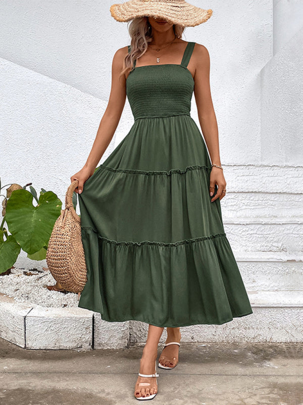 Smocked Bodice Midi Dress with Asymmetrical Strap and Tiered Skirt Midi Dresses MyDresses Green 8 | S 
