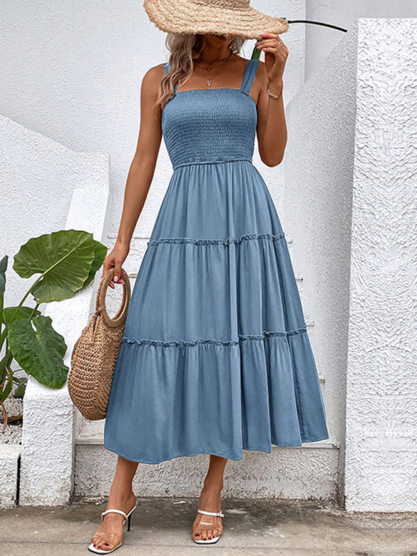 Smocked Bodice Midi Dress with Asymmetrical Strap and Tiered Skirt Midi Dresses MyDresses Clear blue 8 | S 