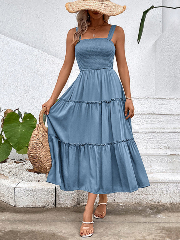 Smocked Bodice Midi Dress with Asymmetrical Strap and Tiered Skirt Midi Dresses MyDresses 