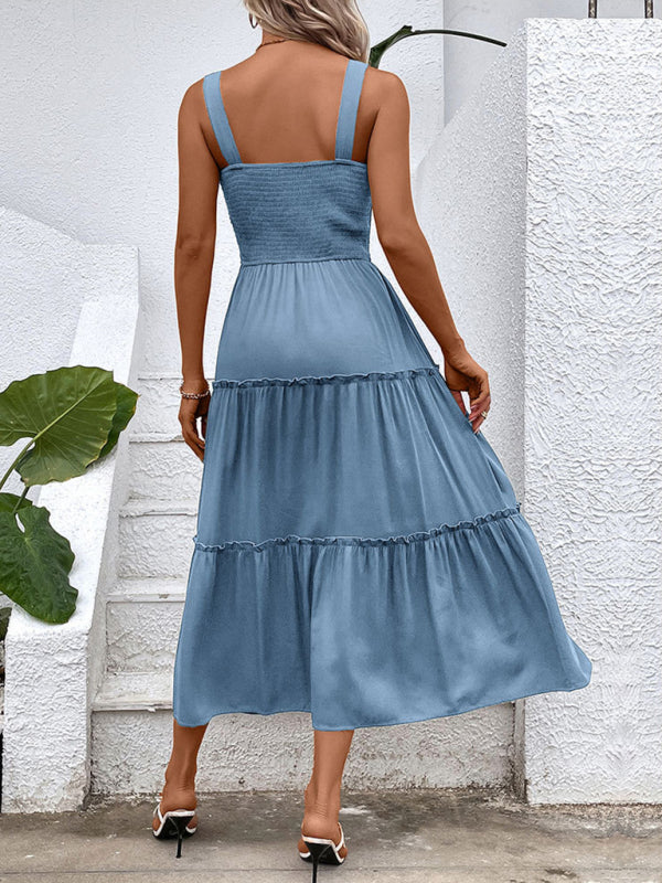 Smocked Bodice Midi Dress with Asymmetrical Strap and Tiered Skirt Midi Dresses MyDresses 