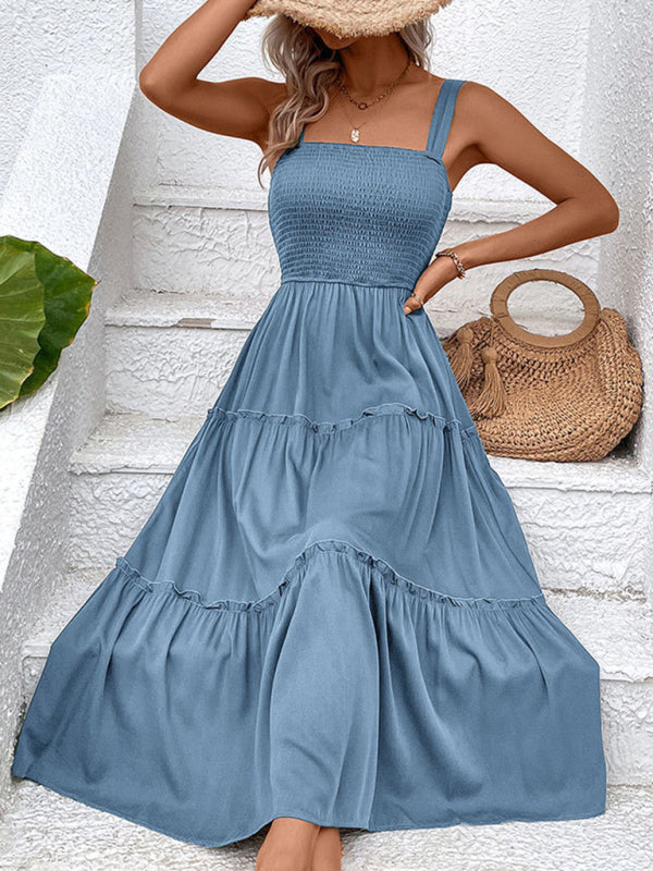 Smocked Bodice Midi Dress with Asymmetrical Strap and Tiered Skirt Midi Dresses MyDresses 