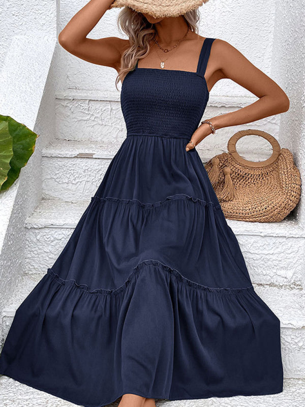 Smocked Bodice Midi Dress with Asymmetrical Strap and Tiered Skirt Midi Dresses MyDresses 