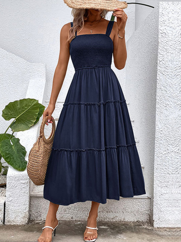 Smocked Bodice Midi Dress with Asymmetrical Strap and Tiered Skirt Midi Dresses MyDresses Dark Blue 8 | S 