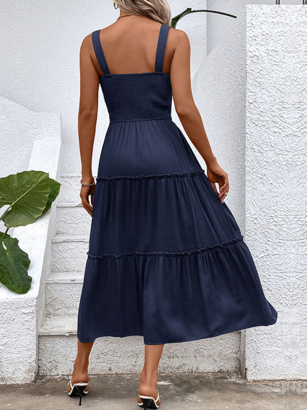 Smocked Bodice Midi Dress with Asymmetrical Strap and Tiered Skirt Midi Dresses MyDresses 