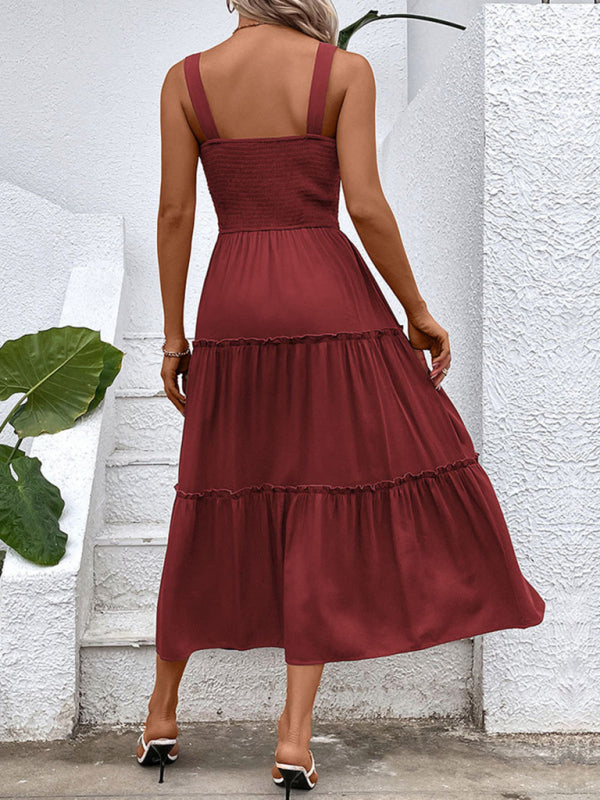 Smocked Bodice Midi Dress with Asymmetrical Strap and Tiered Skirt Midi Dresses MyDresses 