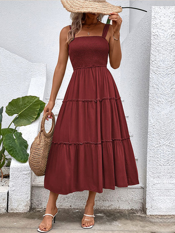 Smocked Bodice Midi Dress with Asymmetrical Strap and Tiered Skirt Midi Dresses MyDresses 