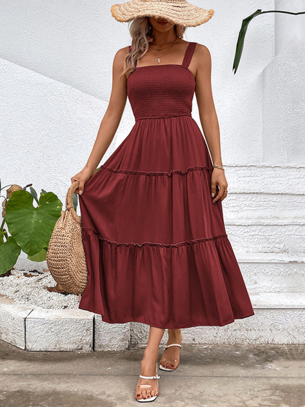 Smocked Bodice Midi Dress with Asymmetrical Strap and Tiered Skirt Midi Dresses MyDresses Red 8 | S 