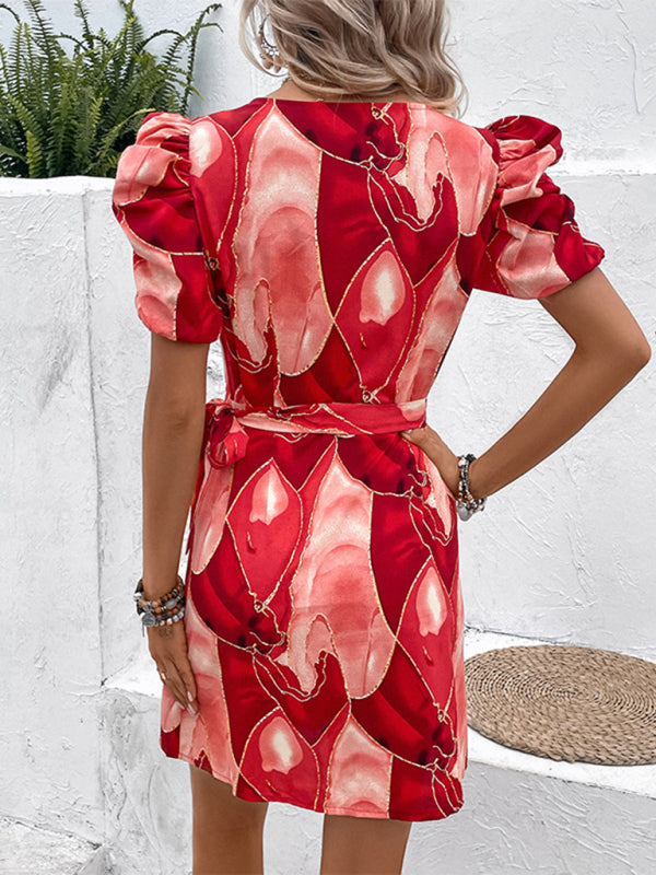 V-Neck Wrap Mini Dress with Puff Sleeves and Abstract Print Group12 MyDresses