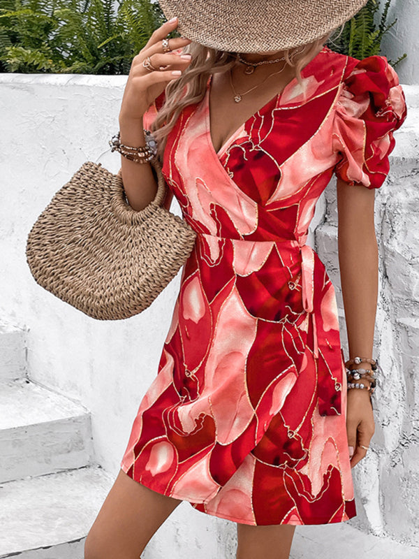 V-Neck Wrap Mini Dress with Puff Sleeves and Abstract Print Group12 MyDresses