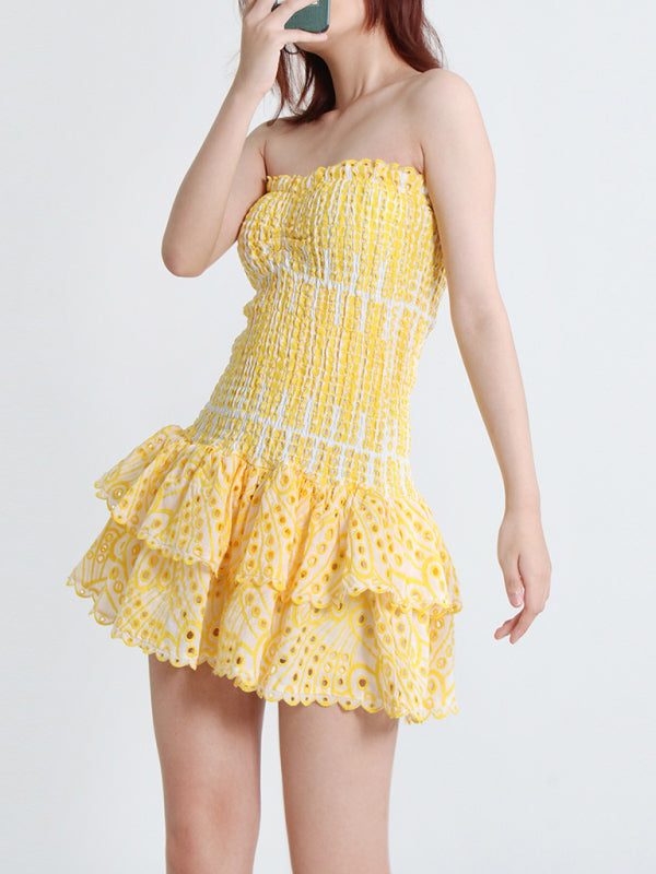 Strapless Mini Dress with Geometric Print and Ruffle Hem Mini Dresses MyDresses 
