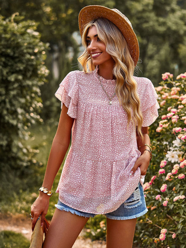 Floral Print T-Shirt with Ruffled Sleeves Round Neck Shirt Dress MyDresses 