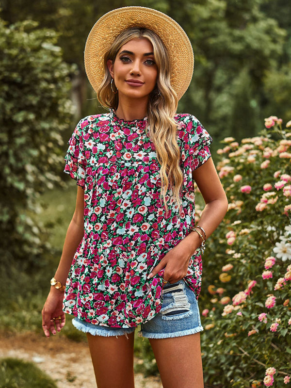 Floral Print T-Shirt with Ruffled Sleeves Round Neck Shirt Dress MyDresses 