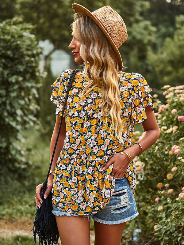 Floral Print T-Shirt with Ruffled Sleeves Round Neck Shirt Dress MyDresses 