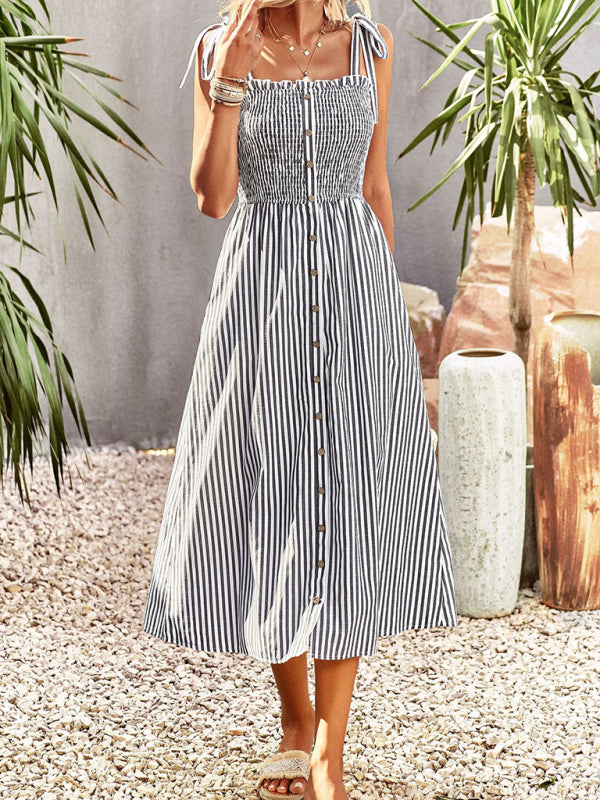 Striped Midi Dress with Smocked Bodice and Tie Shoulder Straps Group6 MyDresses