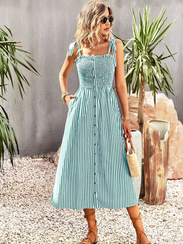 Striped Midi Dress with Smocked Bodice and Tie Shoulder Straps Group6 MyDresses