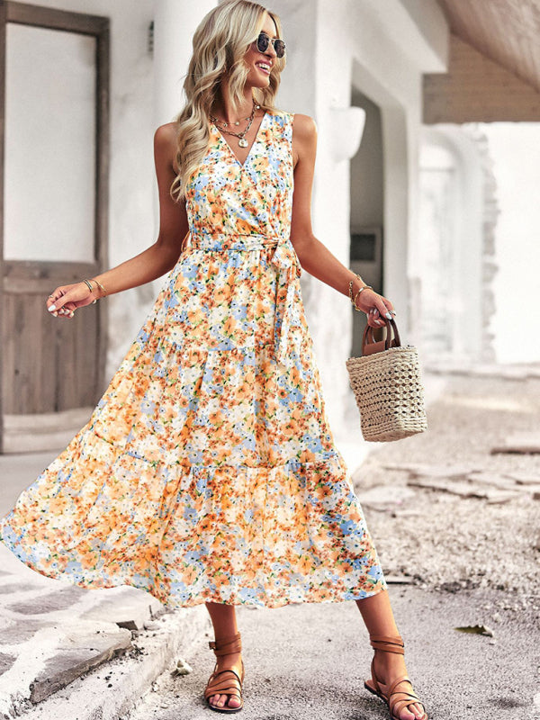 Floral Print Wrap-Style Midi Dress with Belted Waist Maxi Dresses MyDresses