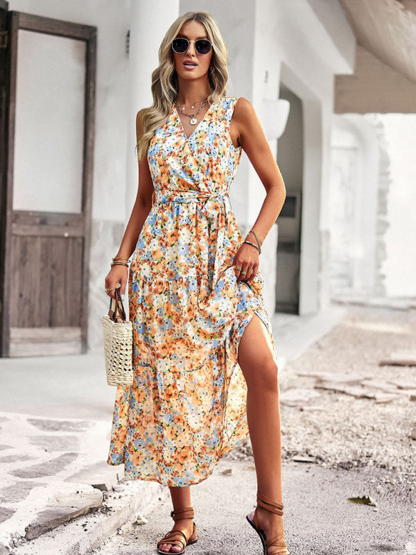 Floral Print Wrap-Style Midi Dress with Belted Waist Maxi Dresses MyDresses Yellow 8 | S