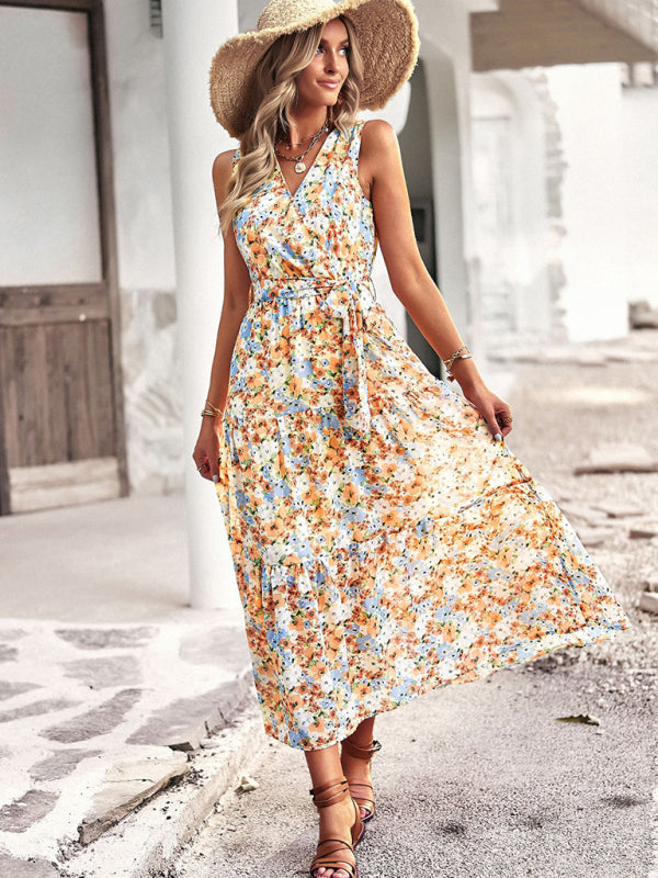 Floral Print Wrap-Style Midi Dress with Belted Waist Maxi Dresses MyDresses