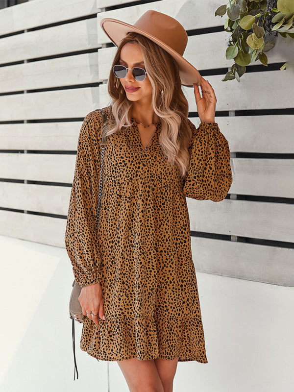 Leopard Print Mini Dress with Long Sleeves and V-Neck Mini Dresses MyDresses 