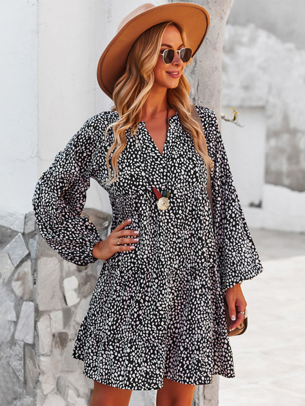 Leopard Print Mini Dress with Long Sleeves and V-Neck Mini Dresses MyDresses 