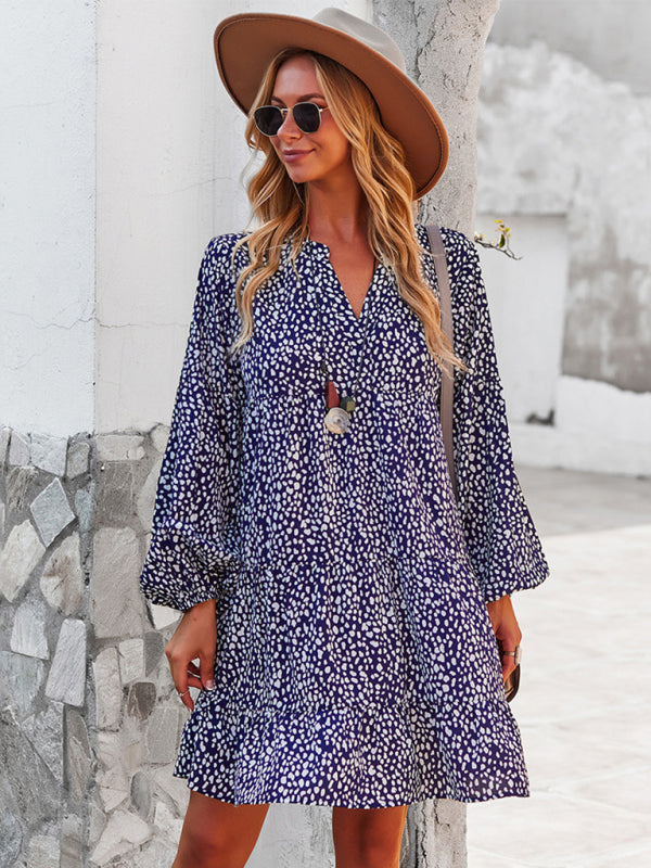 Leopard Print Mini Dress with Long Sleeves and V-Neck Mini Dresses MyDresses 