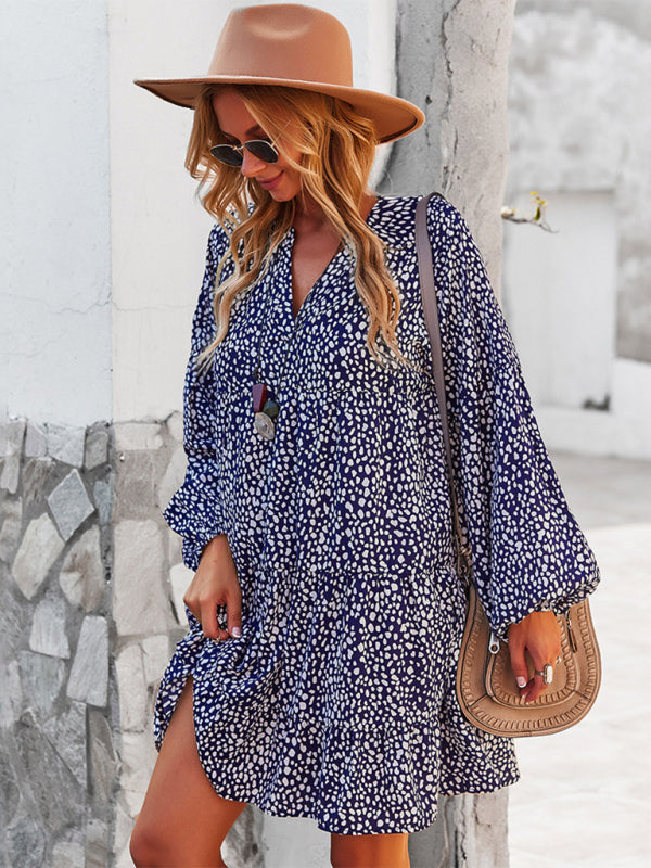 Leopard Print Mini Dress with Long Sleeves and V-Neck Mini Dresses MyDresses 
