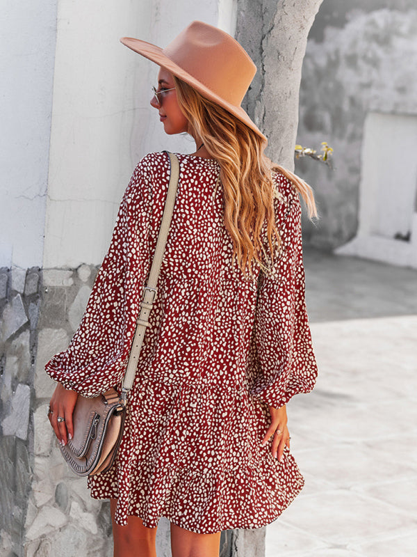 Leopard Print Mini Dress with Long Sleeves and V-Neck Mini Dresses MyDresses 