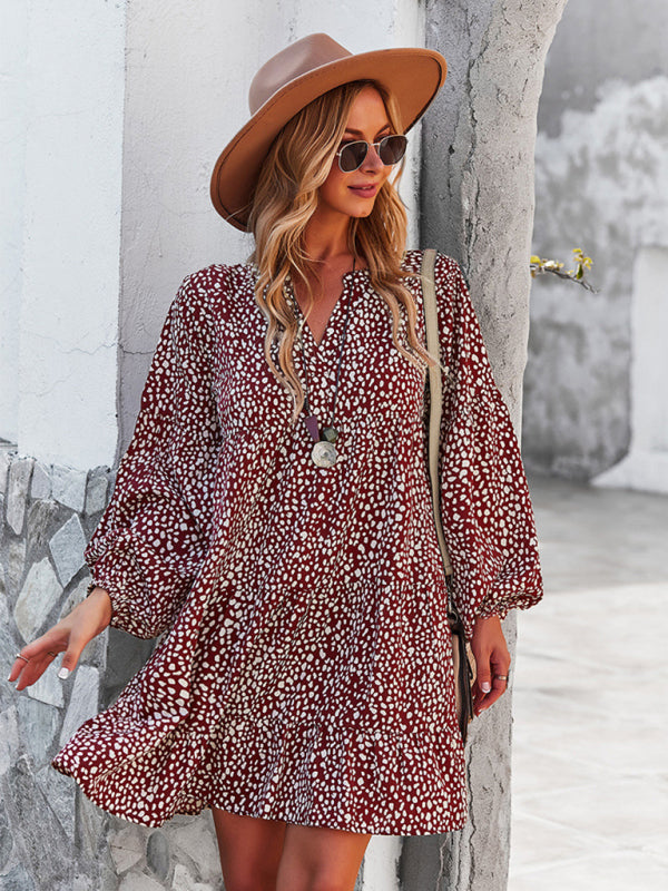 Leopard Print Mini Dress with Long Sleeves and V-Neck Mini Dresses MyDresses 