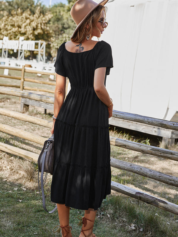 Button-Down Tiered Dress with Short Sleeves Maxi Dresses MyDresses 