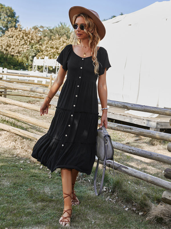Button-Down Tiered Dress with Short Sleeves Maxi Dresses MyDresses 